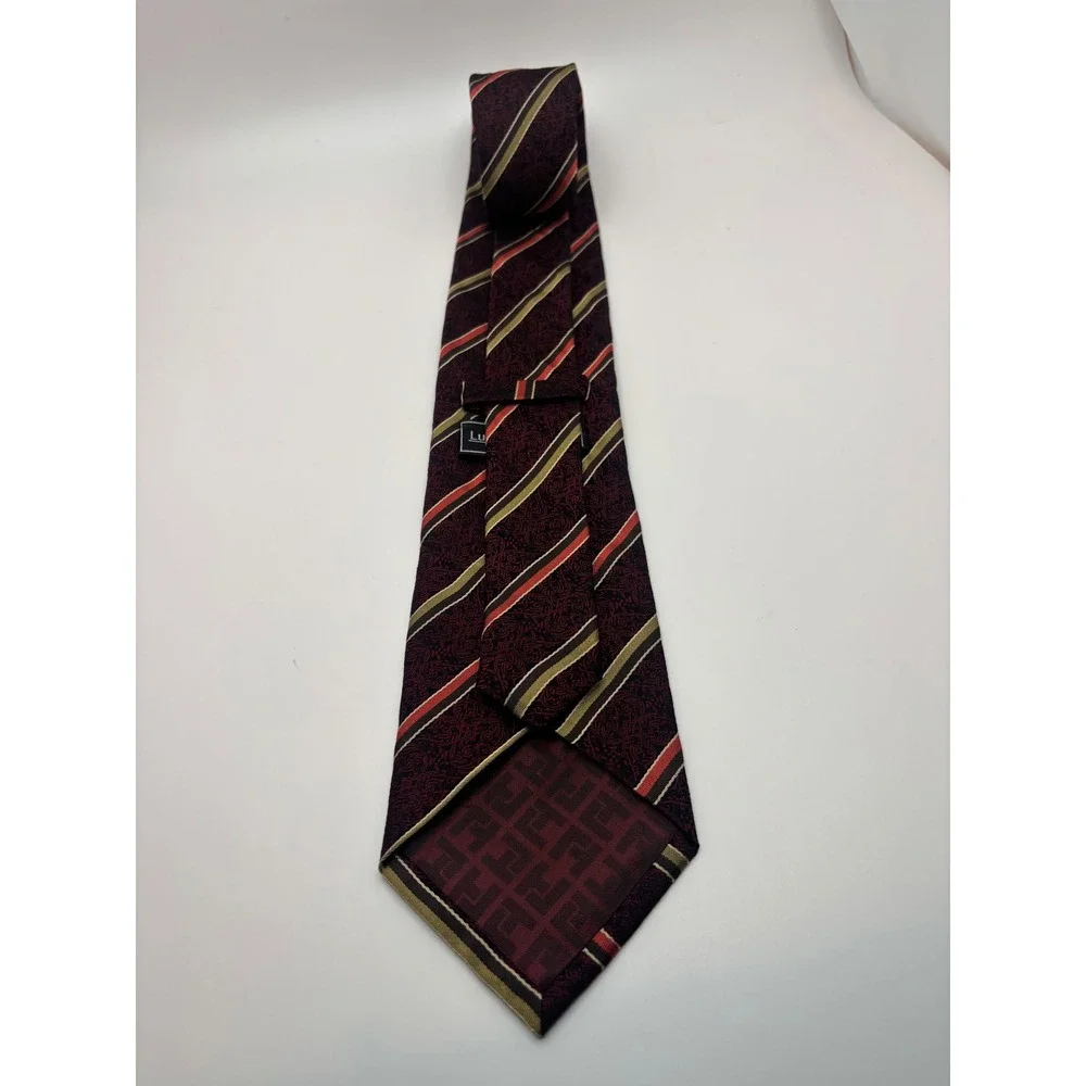 Luciano Ferretti Mens Silk Tie Burgundy Paisley Striped Red Gold Jacquard 1602